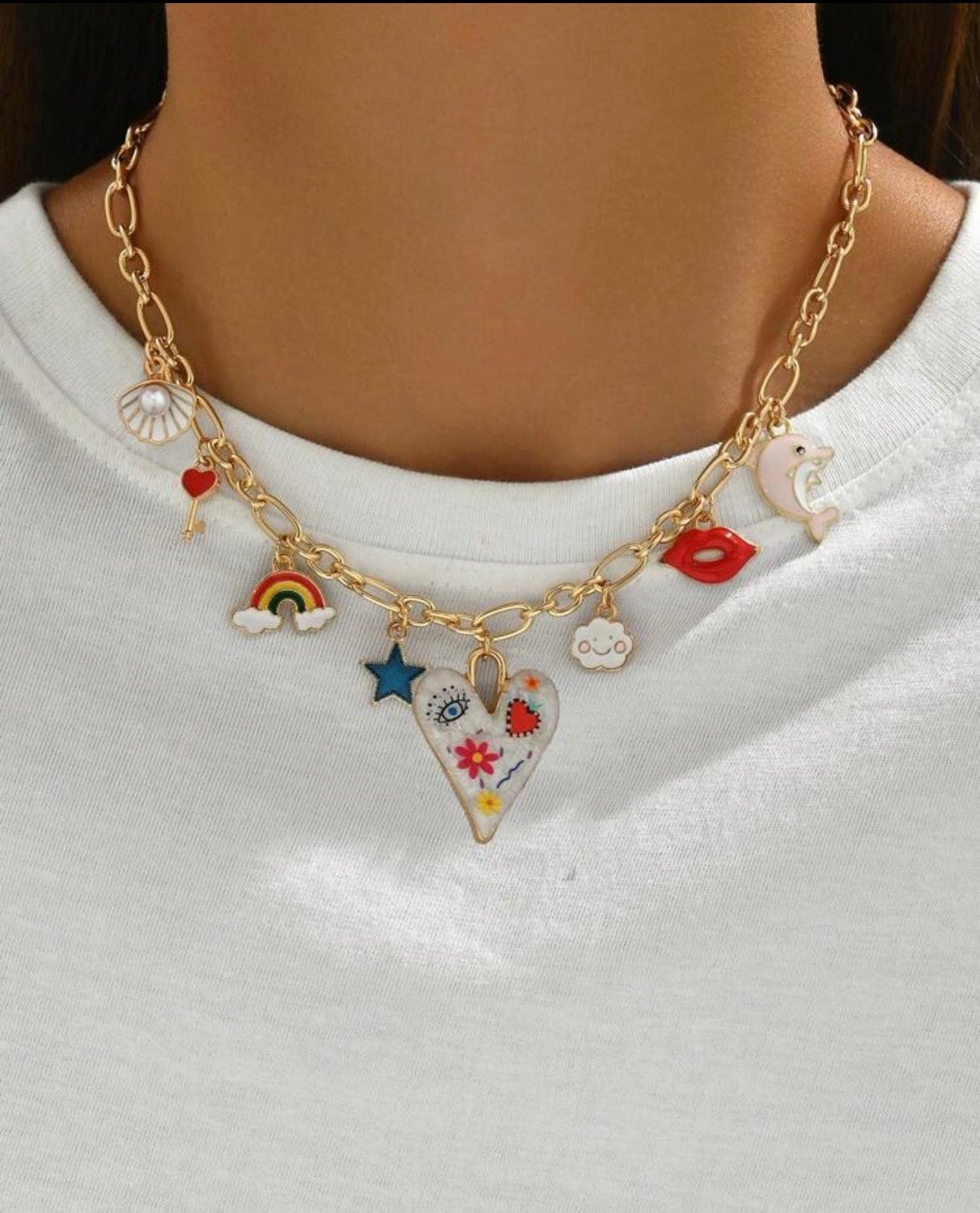 Aesthetic Gold Charm Necklace with Cute Colorful Pendants